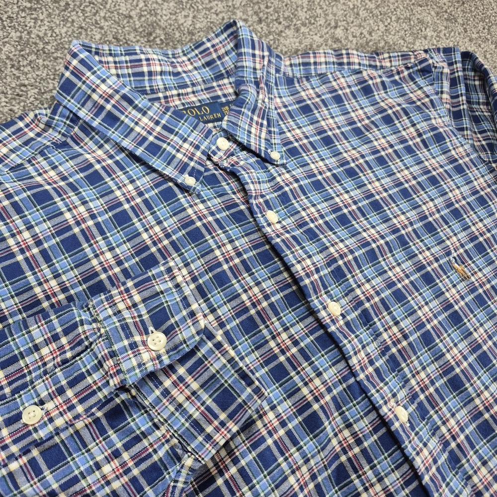 Polo Ralph Lauren Shirt‎ Men's 2XB Long Sleeve Button Down Blue Plaid Flesh Pony